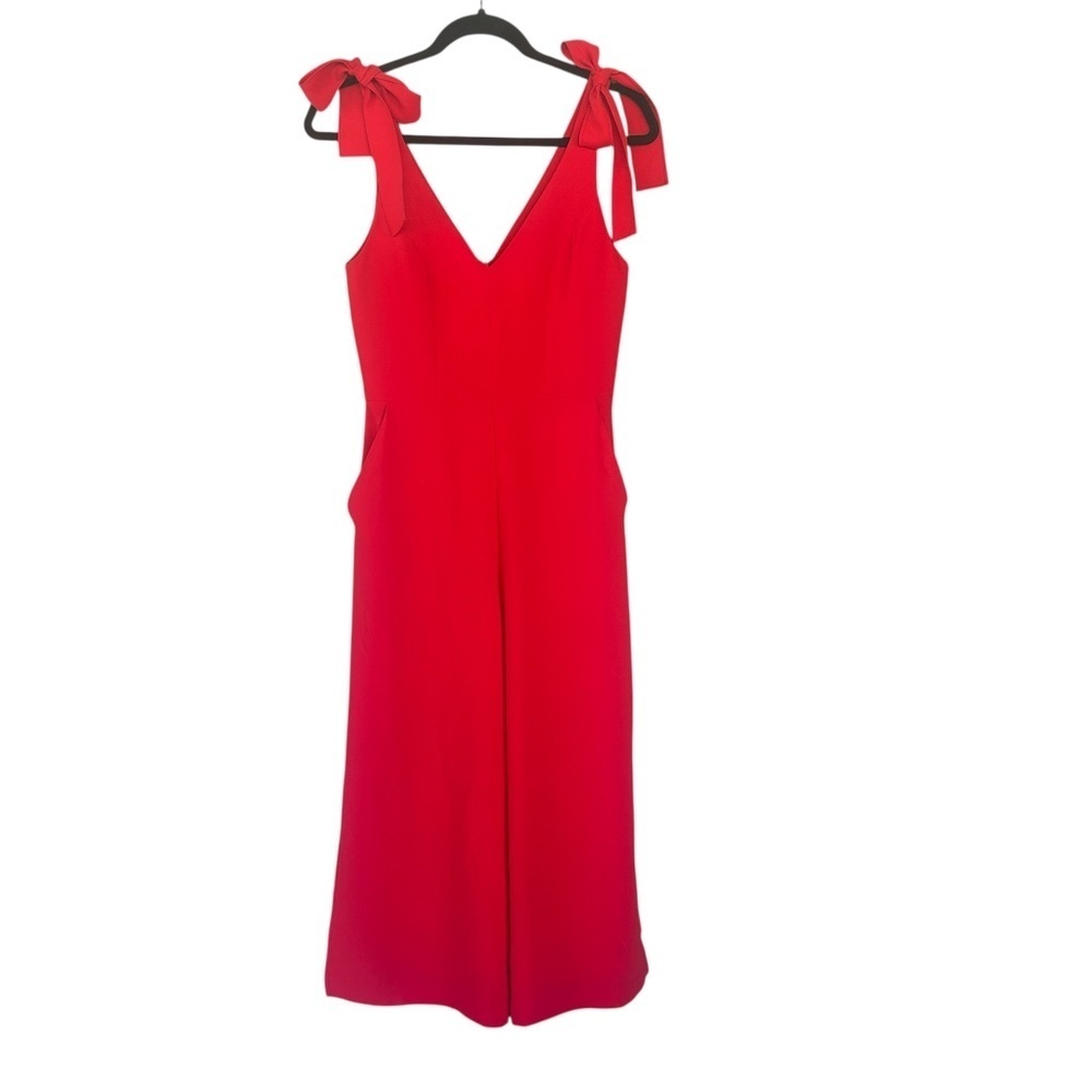 Amanda Uprichard Red Allora Dress Jumpsuit V-neck Petite Fitted Bodice Wide Leg - Picture 3 of 12